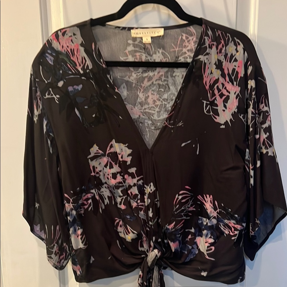Lovestitch Black Floral Blouse with Pink and Purple Accents
